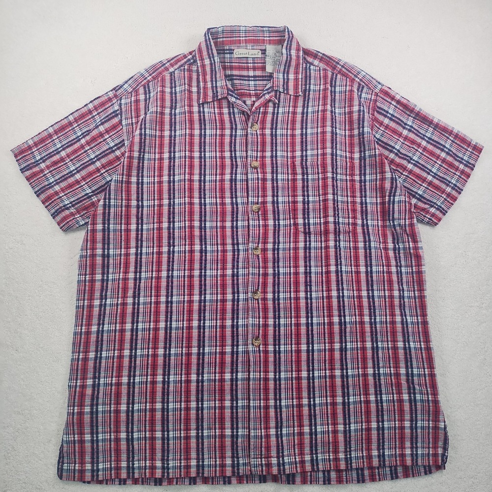 Vtg 90's Seersucker Shirt Men's‎ XL Red Blue Plaid Relaxed Camp Collar Button Up